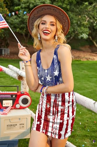 Image of For G and PL Women 4th of July American Flag Tank Dress Deep V Neck Stars Stripe Mini Patriotic Sleeveless Sundress