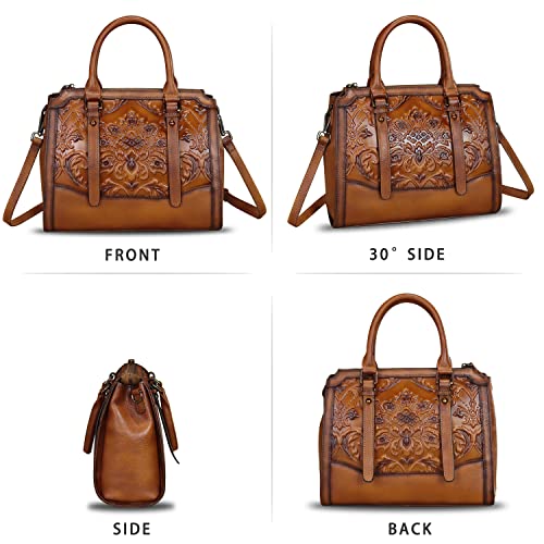 Image of Genuine Leather Satchel for Women Embossed Leather Top Handle Bags Handmade Purse Vintage Crossbody Handbags Hobo Bag