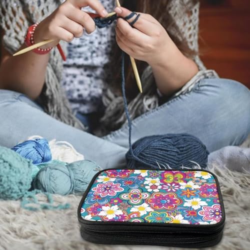 Image of Boho Floral Crochet Hook Case with Web Pockets Knitting Needle Organizer - Portable Crochet & Knitting Storage for Hooks, Needles & Supplies
