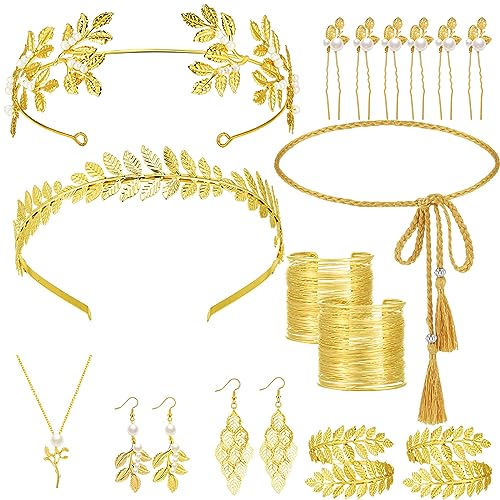 JenPen 15 Pcs Greek Goddess Costume Accessories Set Golden Leaf Crown Upper Arm Cuff Coil Bracelet...