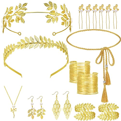 JenPen 16 Pcs Greek Goddess Costume Accessories Set Golden Laurel Leaf Crown Upper Arm Cuff Coil Bracelet Hair Headpiece Artificial Leaf Drop Earrings Necklace Toga Waist Belt for Women Party Wedding