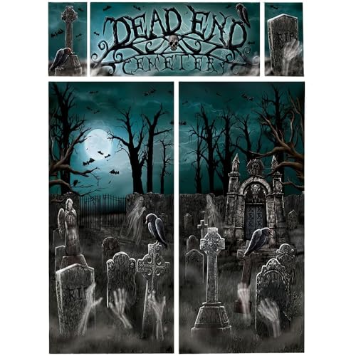 Amscan Creepy Cemetery Halloween Party Scene Setter Decoration (Pack of 5), Black/White, Assorted Sizes