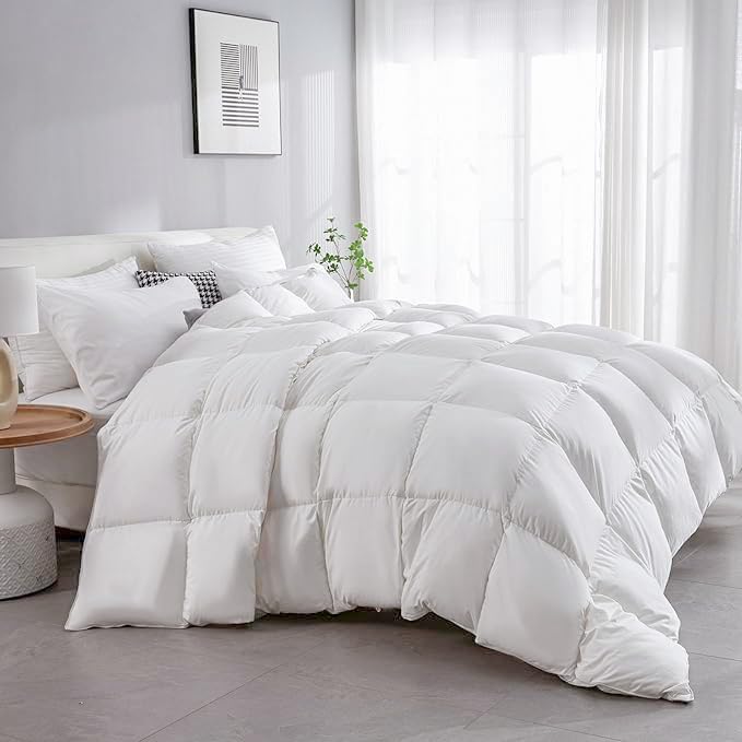 Hotel Collection Down Feather Fibers Comforter, Luxury Duvet Insert with Soft Poly-Cotton Cover,High FP Fluffy Bedding with 8 Corner Tabs,Lightweight Bed Comforter(White,106inx90in)