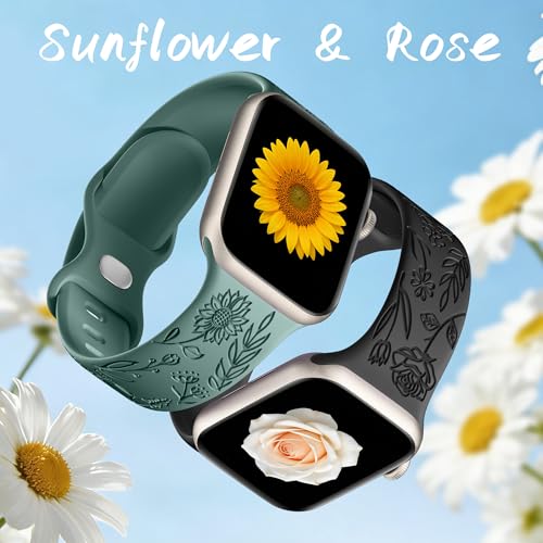 Image of SNBLK 6 Pack Floral Engraved Bands Compatible with Apple Watch Bands 40mm 41mm 42mm 38mm 44mm 45mm 46mm 49mm Women Men, Silicone Flower Pattern Strap for iWatch Series 11 10 Se Ultra 9 8 7 6 5 4 3 2 1