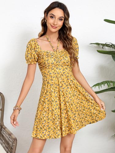 Image of Missufe Women's Puff Short Sleeve Drawstring Ruched Front Fit and Flare Floral Summer Casual Short Dress