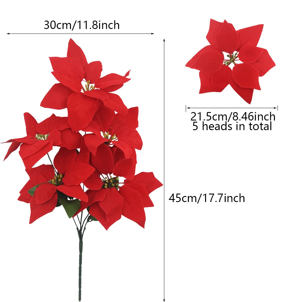 FERIAL 2 Stück Weihnachtsstern-Blumen, künstliche Weihnachtsblumen, rot, 5 Köpfe, Seide, Weihnachtsstern, Blumenstrauß, künstliche Blumen für Weihnachten, Party, Urlaub, Blumenarrangements,