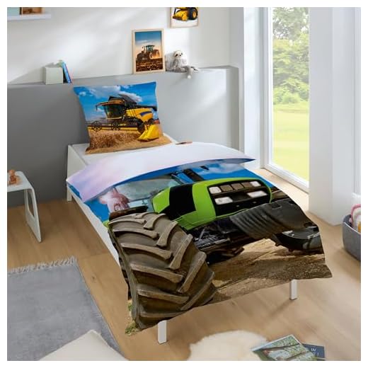 3D Bettwäsche Grüner Traktor Bettbezug-Set Bauer 135x200 + Kissenbezug 80x80 cm Trecker Wendebettwäsche 2 Teilig Grün Weiß Grau mit Reißveschluss 2 Familando Traktor Mähdrescher Bettwäsche-Set 135x200 cm + Kissen 80x80 cm Bauernhof Kinder-Bettwäsche Jungen 100% Baumwolle, Linon