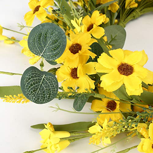 Artificial Yellow Daisy Wreath,Floral Wreath With Green Eucalyptus Leaves And Wildflowers Spring And Summer Wreath For Front Door Wall Window Decor-20In #TOP2