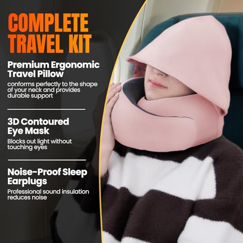 Image of LOEXAIR Hooded Pro Travel Pillow - Memory Foam Neck Support Pillow for Airplane, Flight - Super-Soft Pure Cotton Fabric, Maximum Privacy & Light-Block Design, Lightweight Full Travel Kit- Sakura Pink