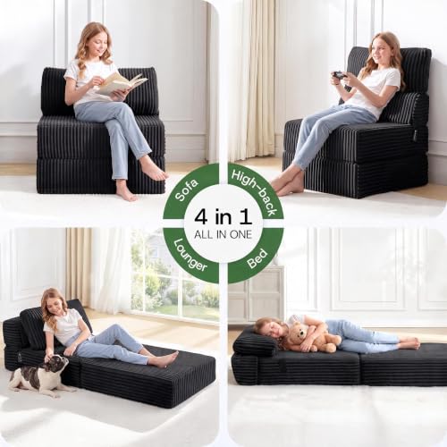 Image of Folding Sofa Bed Convertible 4 in 1 Sleeper Chair Black Single