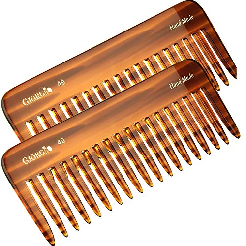 Giorgio G49 Large 5.75 Inch Hair Detangling Comb, Wide Teeth for Thick Curly Wavy Hair. Long Hair Detangler Comb For Wet and Dry. Handmade of Cellulose, Saw-Cut, Hand Polished, Tortoise Shell 2 Pack