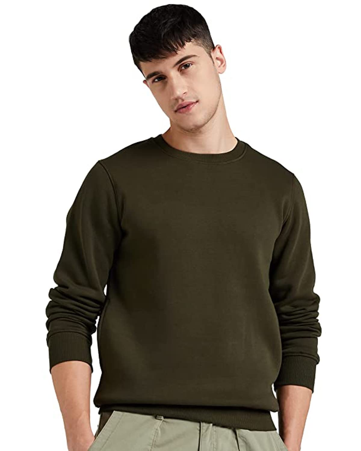 HEATHEX Comfortable Cotton Fleece Solid, Plain Stylish Occasion Winter Wear Essential Regular, Relaxed Fit Full Sleeves Round, Crew Neck Sweatshirt with Two Kangaroo Pockets for Men