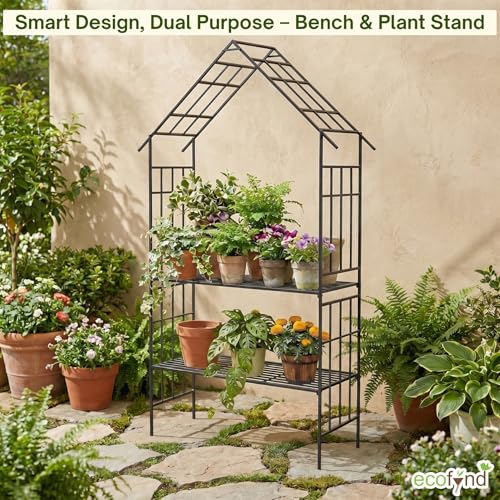 Image of ecofynd 8 Feet High x 3.7 Feet Wide 2-Seater Hut-Shaped Garden Bench, Metal Arbor Trellis for Climbing Plant with Outdoor Garden Chair, Backdrop Stand for Wedding Lawn Backyard Party Decor (GC002-BLK)