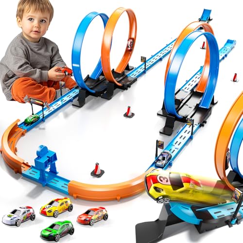 LILYBUDS Toy Car Track Set for Boys Kids Age 3-5 4-7 8-12, Long Race Tracks with 4 Action Loops and 4 High-Speed Slot Cars, 35+ Pieces of Race Track to Create Multiple Configurations
