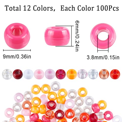 SUNNYCLUE 1200Pcs Pony Beads Bulk Red Fixed Mixed 6x9mm Plastic Pony Beads Transparent Opaque Large Hole Hair Braid Glitter Perforated Pink Orange for Jewellery Making Kits - Image 2
