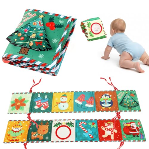Image of SNOWIE SOFT Baby Cloth Book 115x70cm 3D Christmas Themed Colorful Baby Crib Cloth Fence Wrap with Fun Mirror, Squeaky Toy, Interactive Play Book for Tummy Time