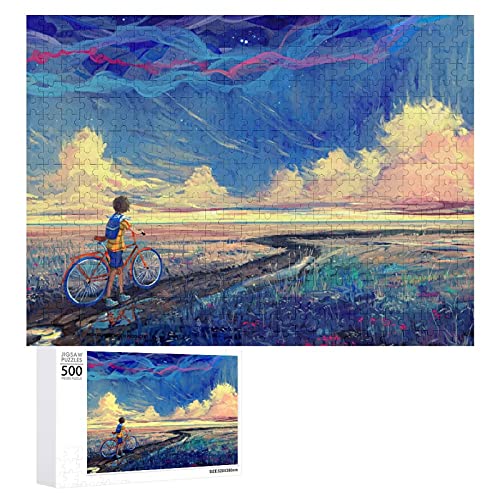 Houten puzzel 500 PCS voor volwassenen en kinderen, jongen op fiets abstracte anime landschap moeilijke uitdaging… - Image 3
