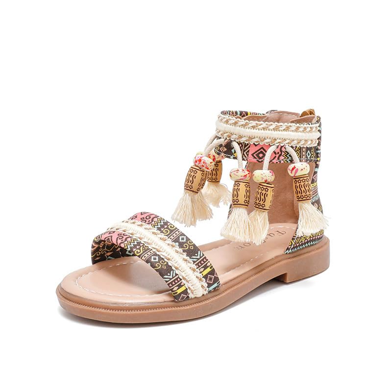 Girls Sandals with Zipper Bohemian Ethnic Dressy Shoes Summer Open Toe