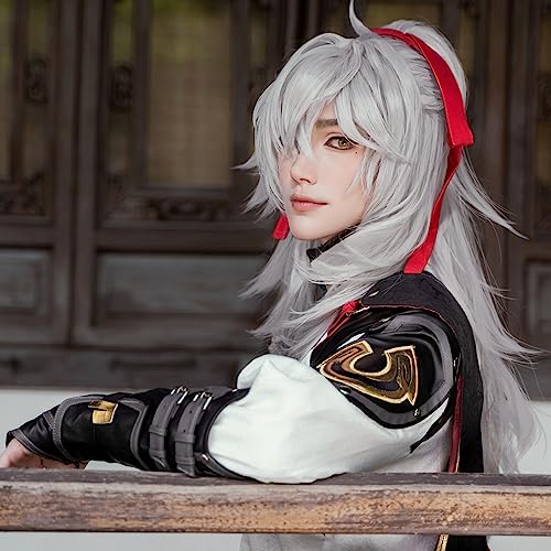 Image of Anime Silver White Wigs with Bangs and Ponytail Long Straight Wig Adult COS Yuan Cosplay Wigs Halloween,Christmas,Comic con,Game Show,Party