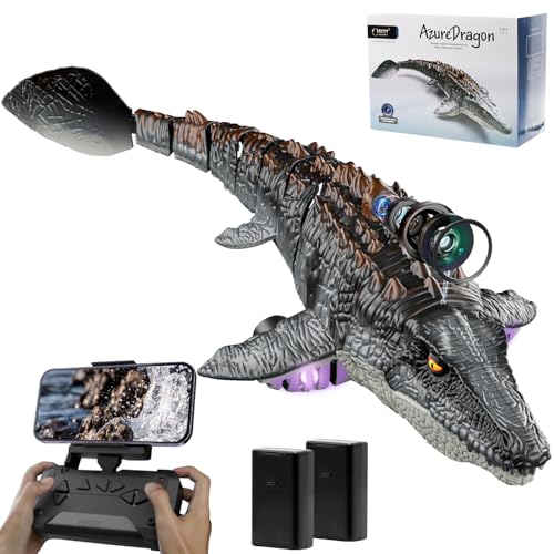 OBEST Ferngesteuertes Dinosaurier Boot mit HD Kamera, 2.4GHz Haibootspielzeug, Elektrisches Wasserspray Wasserspielzeug mit LED-Lichtern, APP Fernbedienung, 1200mAh Batterie