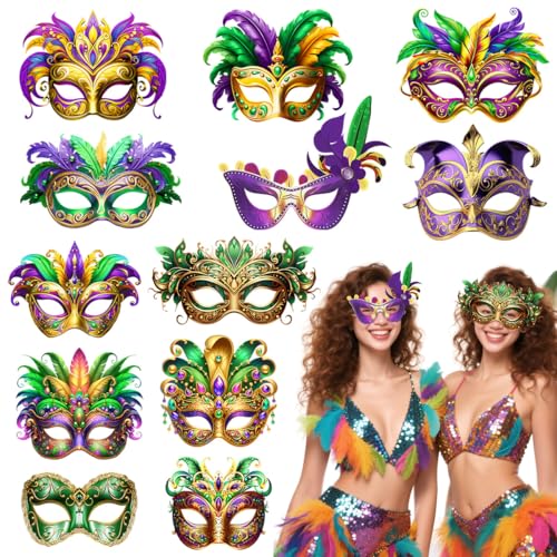 BSLVWG Lot de 9 masques de Mardi Gras en plumes synthétiques pour carnaval, bal masqué, fête, décorations fantaisie pour femmes et hommes