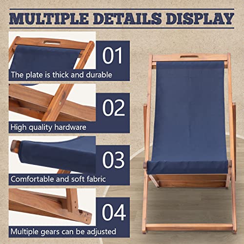 2 Set Outdoor Wooden Patio Lounge Chair Beach Sling Chair Set Height Portable Reclining Beach Chair Solid Wood Frame With White Polyester Canvas 3 Level,Blue #TOP6