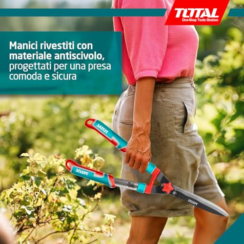 TOTAL Çit budama makası | 11 x 32 x 32 cm | mavi | uzunluk 557 mm | bahçe işleri için teflon bıçaklı