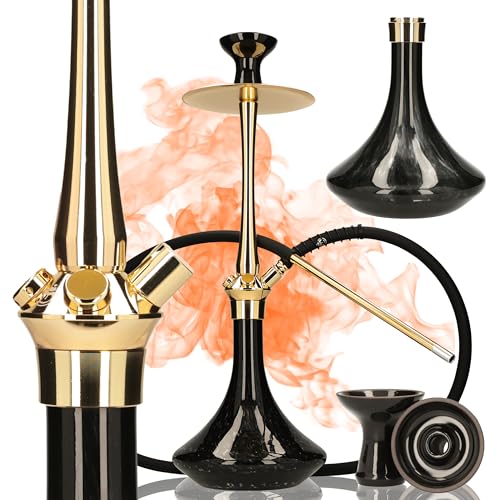 EL-BADIA C7 V2 Hookah 53cm – Set Shisha de Lujo con Base de Vidrio Grueso, Aluminio & Acero Inoxidable, Difusor Reversible, Manguera de Silicona Soft-Touch, Boquilla Metálica 29cm (Shiny Gold)