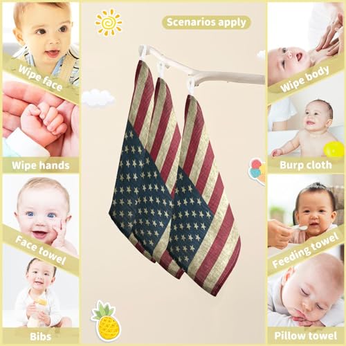 Image of YETTASBIN American Flag Muslin Baby Hand Washcloths, Soft Cotton Bath Face Towel, 4 Layers Extra Absorbent Feeding Burp Cloth for Newborn Infant, 3 Pack