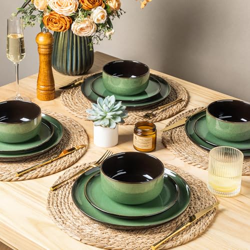 Image of LeRatio Ceramic Dinnerware Sets for 6,Porcelain Plates and Bowls Sets,Handmade Reactive Glaze Dishes Set,Chip Resistant and Scratch Resistant | Oven&Dishwasher & Microwave Safe-Green(18PCS)