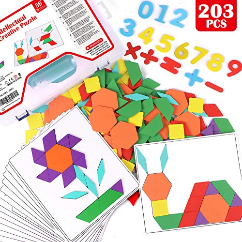Lewo 203 PCS Puzzles en Bois Blocs de Modèle en Bois Puzzle de Forme géométrique Jouets éducatifs précoces Classiques Tangram pour Les Enfants avec 15 Cartes de Motifs Recto-Verso Cover