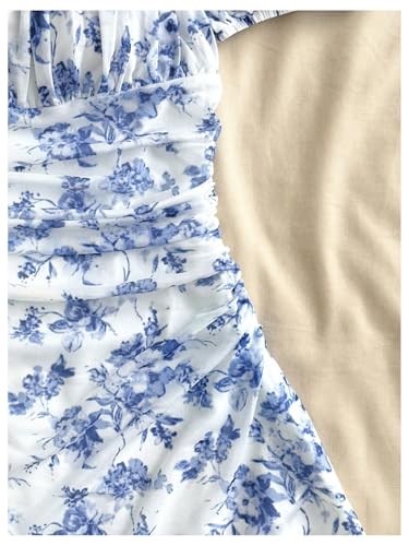 SHENHE Girl's Summer Floral Puff Sleeve Dress Square Neck Ruched A Line Flared Short Sundress4