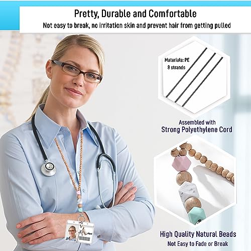 Image of Teacher Lanyard Lanyards for ID Badges Keys Women Wood Silicone Beaded Lanyard with ID Holder Work Jewelry