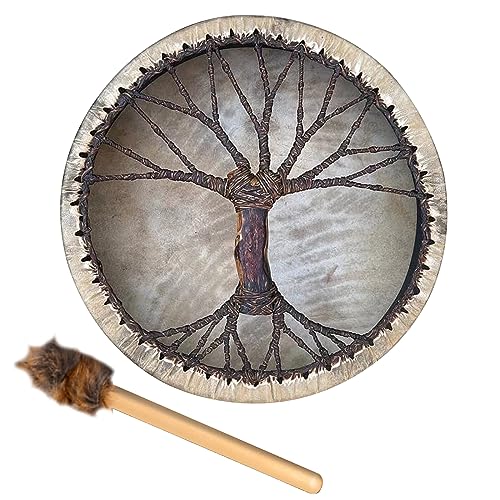 MISNODE Shaman Drum, Siberian Drum with Drum Stick, 9.8 in Shaman Drum Vegetarian Drum, Symbol of the Siberian Drum Spirit Music, Vintage Round Instrument Drum(Tree of Life)