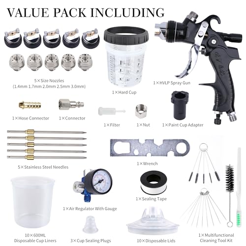 Image of HVLP Spray Gun with 10Pcs 600ML Disposable Paint Cups, Automotive Gravity Feed Paint Spray Gun Kit with Air Compressor Regulator for Auto (Black) (Black)
