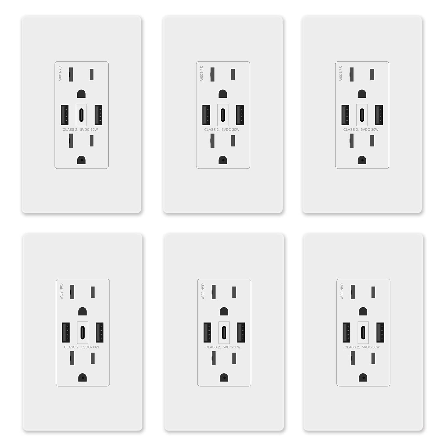 GaN 30W 6Amp 3-Port USB Wall Outlet, 15 Amp Tamper-Resistant Receptacle with 2 Type A Port&1 USB Type C, USB Charger for iPhone/iPad/Samsung/LG/HTC, UL Listed,6 Pack