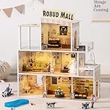 ROBOTIME Wooden Dollhouse - Shopping Mall Themed Doll House Pretend Doll House w/Lights, Music/ 50Pcs Furniture Accessories/ 3 Floors, 6 Shops, Starlit Pool, Gift for Girls Ages 3+