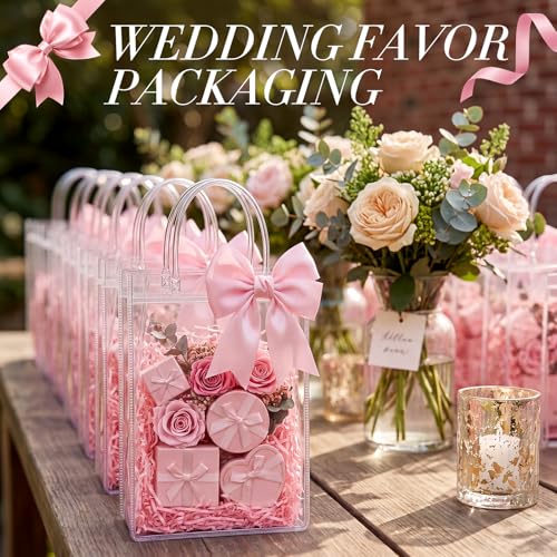 Sac cadeau PVC transparent avec poignées et ruban rose (Lot de 12)