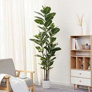 Artificial Rubber Tree Plant 6ft Tall Faux Ficus Tree Potted Fake Tropical Plants Decorative House Plants Large Floor Artificial Trees for Home Office Store Room Decor