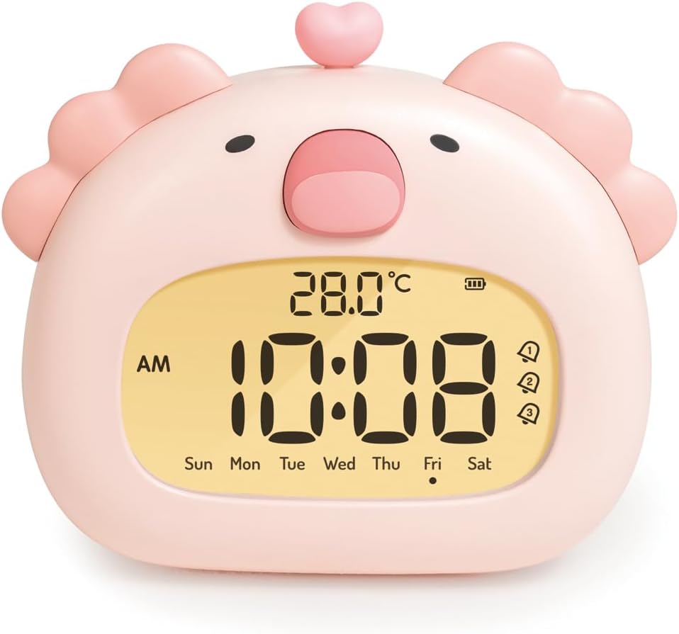 Children's Alarm Clock, Animal Shape, Night Light, Dimmable, Snooze Function, Countdown Function, Temperature Display, Japanese Instruction Manual Included (Pink)