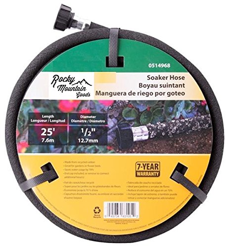 Rocky Mountain Goods Soaker Hose - Heavy Duty Rubber - Saves 70% Water - End Cap Included for Additional Hose Connect - Great for Gardens/Flower beds - Reinforced Fittings (25-Feet by 1/2-inch)