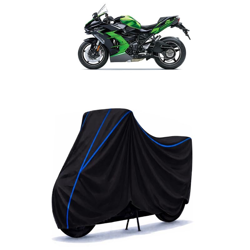 Image of Ninja H2 SX SE Bike Cover Water Resistant Universal Motorcycle Rain | Heavy Duty UV Protection, Dust, Scratch Indoor Outdoor All Weather with Black Blue Piping Elastic