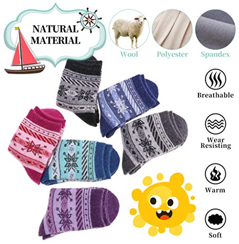 Lanleo Kids Wool Socks For Toddlers Boys Girls Hiking Winter Warm Cozy Thick Heavy Thermal Crew Boot Socks 6 Pairs Snowflake,4-7 Year Old #TOP1