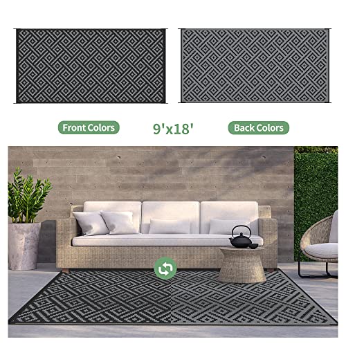 Image of GENIMO Outdoor Rug, Waterproof Plastic Rugs 9'x18' for Camping Black Grey | Outside Larger Modern Carpet Mat for Patio Decor, RV, Porch, Camper, Deck, Picnic, Beach, Backyard, Reversible, Foldable
