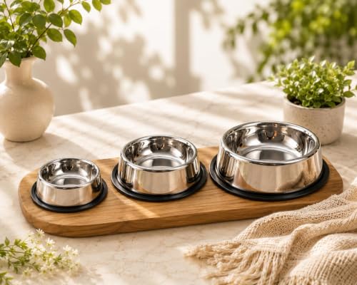Image of Pets Empire Dog & Cat Bowls Stainless Steel, Pack of 3, Anti-Skid Feeding Bowls for Food & Water, Heavy Duty Metal Pet Bowl, Rust Proof, Dishwasher Safe for Puppies, Cats & Dogs (3, (200 +400+700 ML))