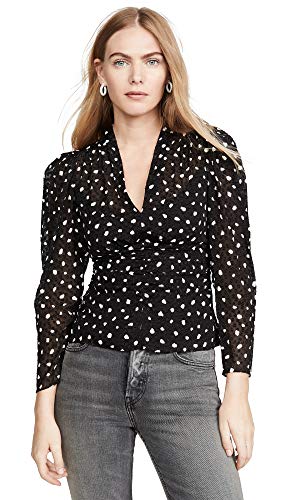 Rebecca Taylor Women's Long Sleeve Dot Vneck Silk Blouse, Black, 12