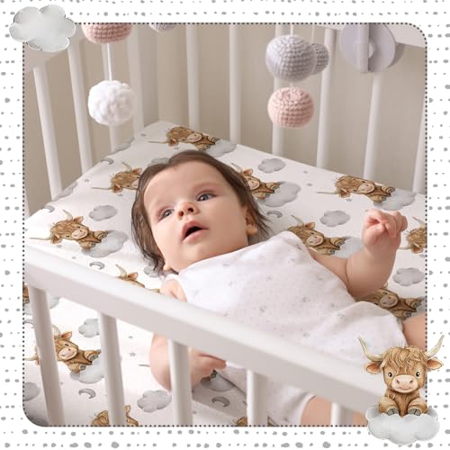 Image of Peryiter 2 Pack Highland Cow Baby Crib Sheets for Boys Girls Western Bed Sheet Set Fitted 52'' x 28 inch for Standard Crib Mattress Stretchable Soft Toddler Aesthetic Nursery Decor