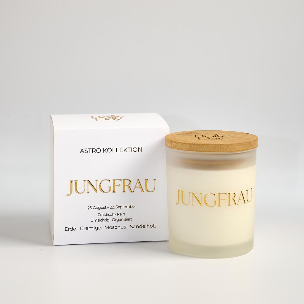 Jungfrau Astro Duftkerze, Cremiger Moschus & Sandelholz, Sojawachs, 220 ml, 45–50 Stunden Brenndauer