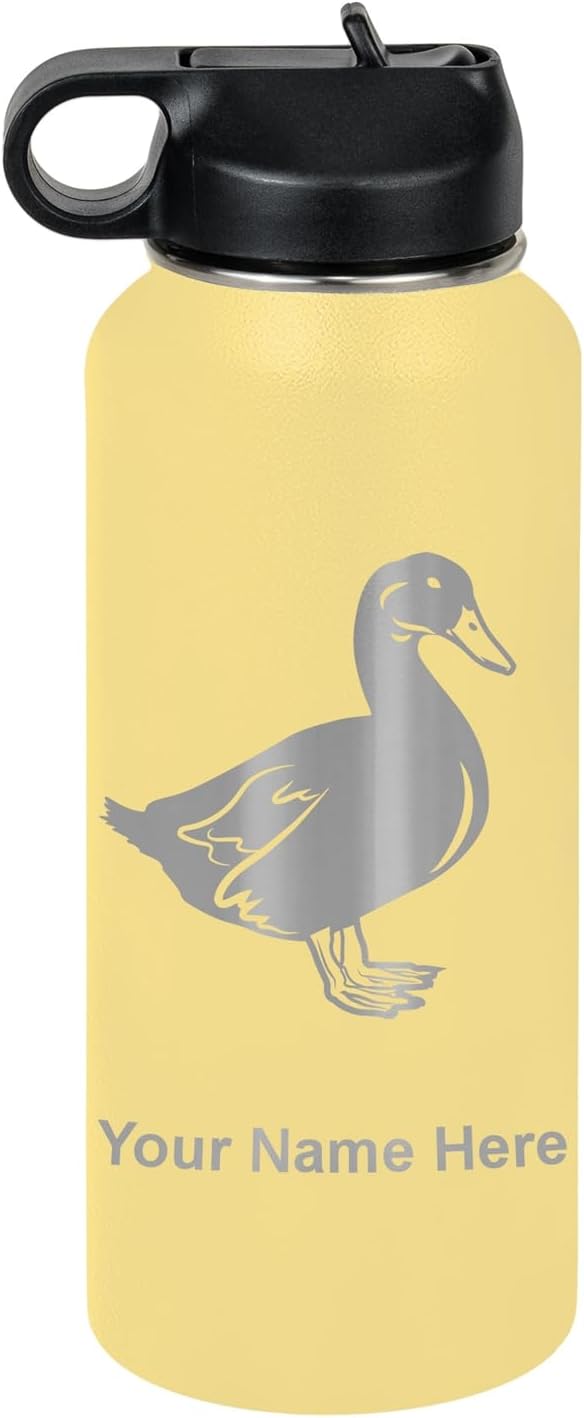 LaserGram Personalized Water Bottle, Duck, Stainless Steel Double Wall Vacuum Insulated with Flip Top Straw, Custom Engraved Gift (32oz / 950ml Yellow)