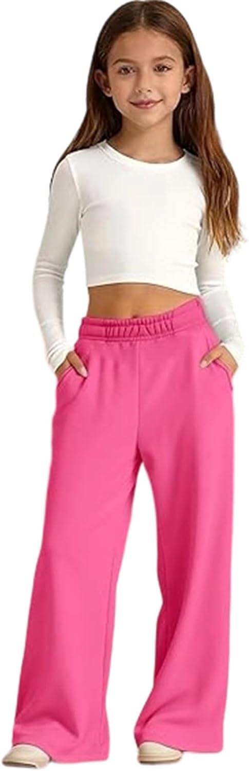 Kids Girls Wide Leg Sweatpants Baggy Casual Elastic High Waist Track Sweat Pants Basic Athletic Pants with Pockets